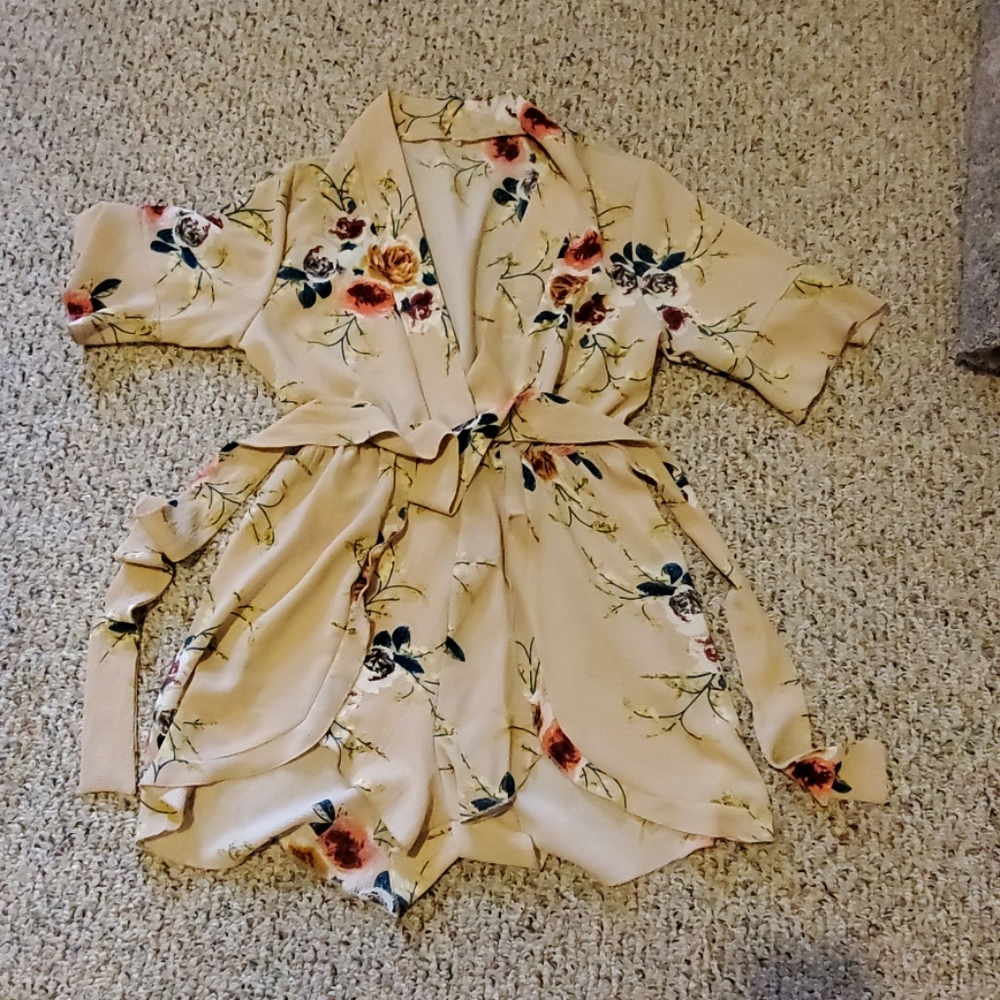 Tan floral flutter sleeve romper